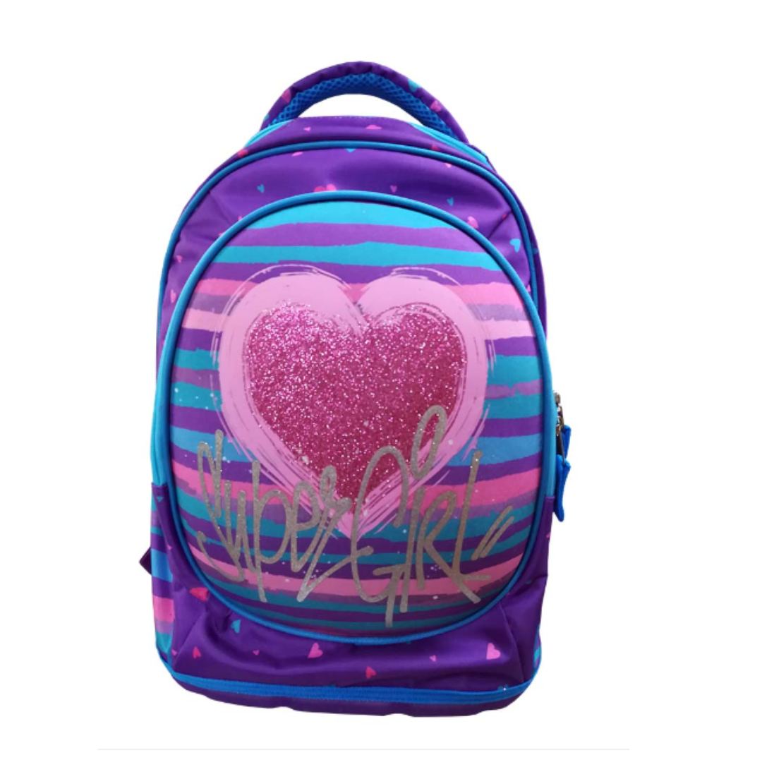 Ranac Kick Super Girl Anatomski sa živopisnim Super Girl motivom, ergonomskim leđima i naramenicama za udobnost, prostranom glavnom pregradom i dodatnim džepovima, izrađen od vodootpornih i izdržljivih materijala, idealan za školu i aktivnosti.