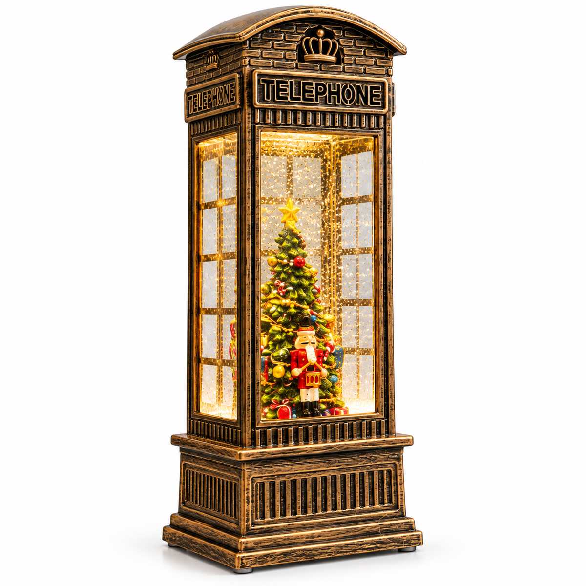 novogodišnja LED telefonska govornica, novogodišnja telefonska govornica, novogodišnji fenjer, LED novogodišnji fenjer, novogodišnja dekoracija, božićna dekoracija, novogodišnji ukrasi, božićni ukrasi, svetleća novogodišnja dekoracija, vintage novogodišnji fenjer, bronzani novogodišnji fenjer, telefonska govornica sa jelkom, LED fenjer sa jelkom, novogodišnja jelka u fenjeru, božićna telefonska govornica, novogodišnji fenjer sa snegom, snežni fenjer, dekoracija sa Orašarom, svetleći božićni ukrasi, dekorati