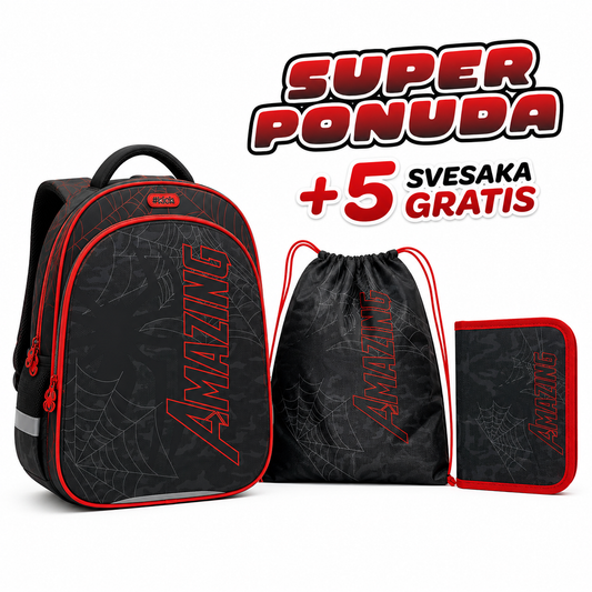 anatomski školski ranac Amazing, Amazing ranac, školski ranac za dečake, crni školski ranac, crveno crni ranac, anatomski ranac za dečake, ergonomski školski ranac, lagani školski ranac, Super Light ranac, školski set 3u1, ranac sa pernicom, ranac sa torbom za fizičko, ranac za prvi razred, ranac za školu, dečiji školski ranac, školski ranac sa sveskama
