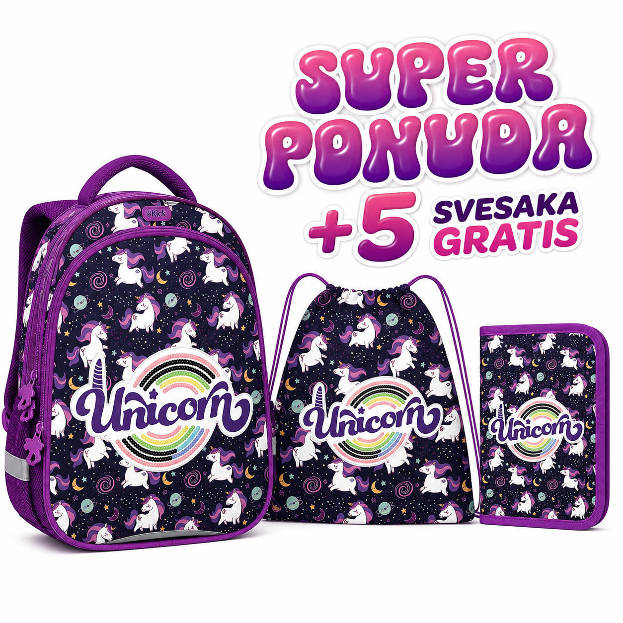 anatomski školski ranac Unicorn, Unicorn ranac, ranac sa jednorogom, školski ranac jednorog, školski ranac za devojčice, ljubičasti školski ranac, anatomski ranac za devojčice, ergonomski školski ranac, lagani školski ranac, Super Light ranac, školski set 3u1, ranac sa pernicom, ranac sa torbom za fizičko, ranac za prvi razred, dečiji školski ranac, školski ranac sa sveskama