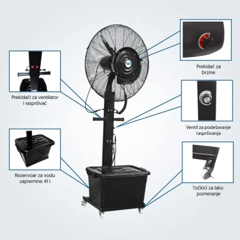rashladni ventilator, ventilator sa vodenom maglom, profesionalni ventilator, ventilator za restoran, ventilator za kafić, ventilator za terasu, rashlađivanje bašte, industrijski ventilator, ventilator 60L, Breskvica