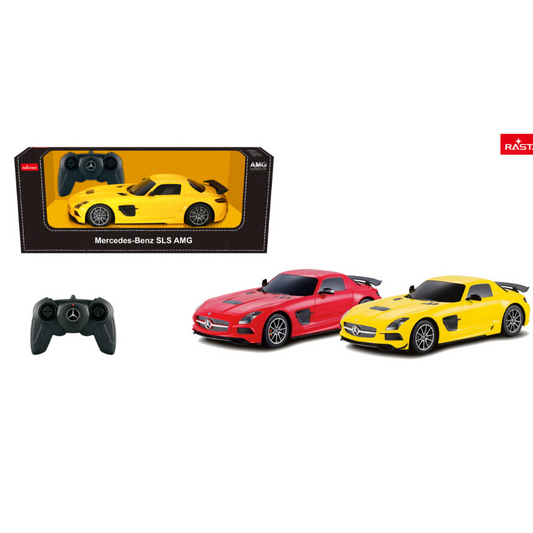Rastar metalni autić Mercedes-Benz SLS AMG u razmeri 1:18, na daljinsko upravljanje, dostupan u žutoj i crvenoj boji, sa otvarajućim gullwing vratima i realističnim detaljima.